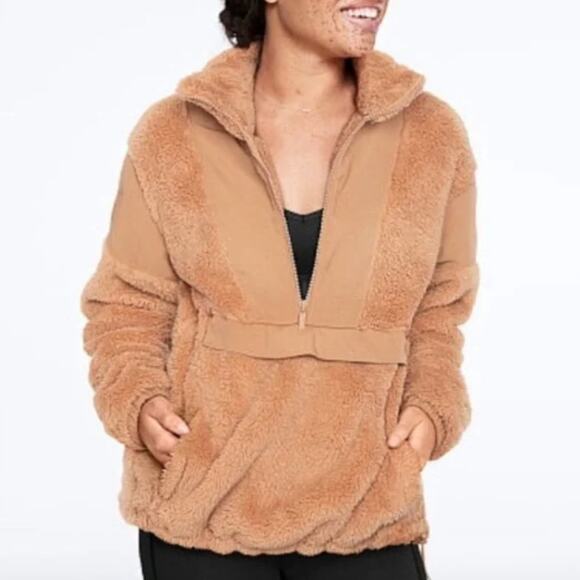 PINK Victoria’s Secret Half Zip Plush Sherpa Teddy Pullover Camel Tan Sz S - Picture 1 of 5